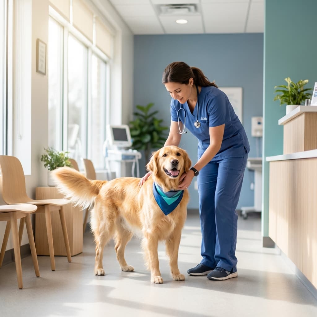Happy golden retriever receiving care